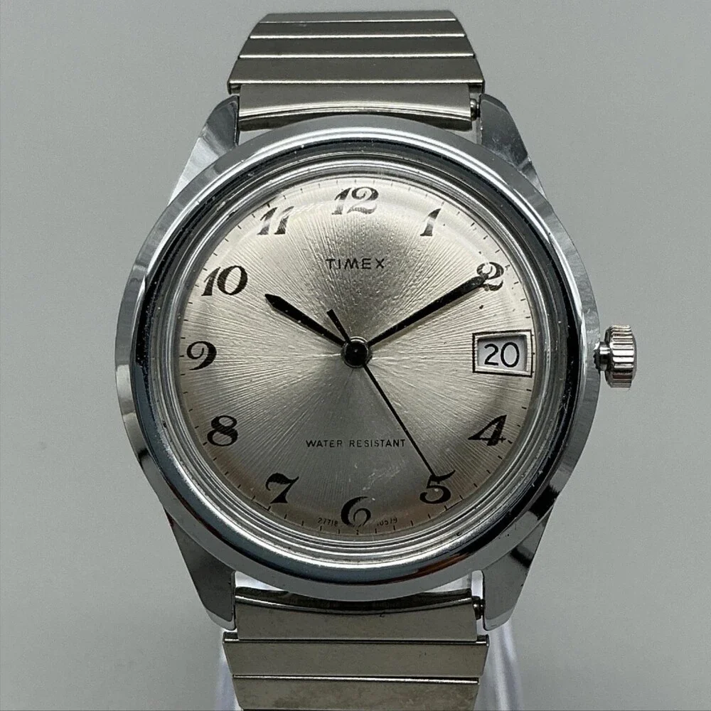 Vintage 1979 Timex Marlin Mens Watch 37mm Silver Dial Date Manual Wind